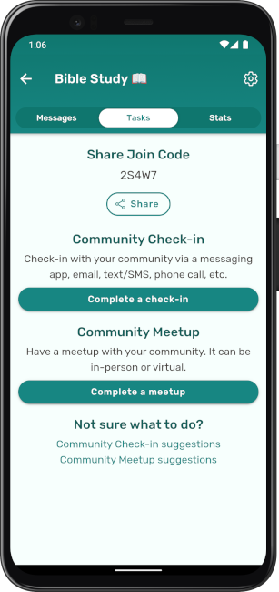 An app screenshot of the community tasks screen