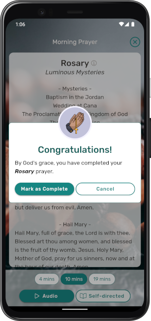An app screenshot of the prayer rosary complete screen