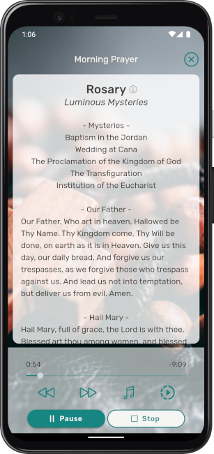 An app screenshot of the prayer rosary playing expanded screen