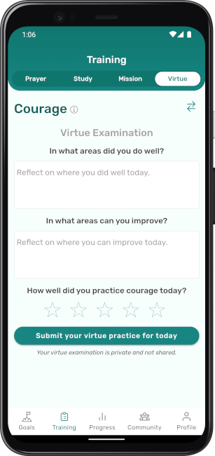 An app screenshot of the virtue screen